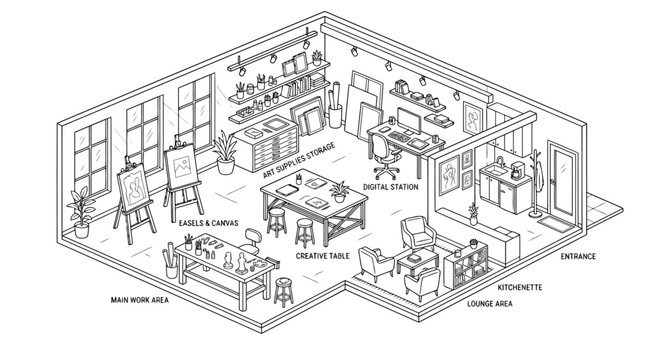 Art studio interior layout isometric line art