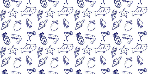 Obraz premium Seamless hand drawn summer food pattern with seafood, tropical fruits, cocktails, and ice cream. Minimal doodle style background for textiles, menus, and packaging