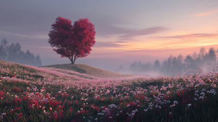Fototapeta premium Heart Shaped Pink Tree in Misty Flower Field at Romantic Sunrise