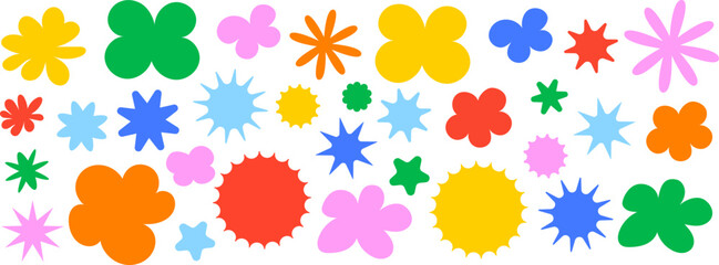 Obraz premium Colorful abstract flower and starburst shapes collection in playful retro style. Bright organic vector elements ideal for posters, stickers, branding, and trendy graphic design