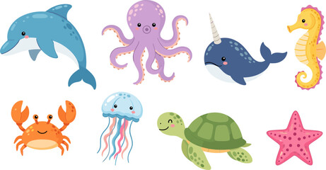 Obraz premium Cute Ocean Animals Set Featuring Dolphin, Octopus, Narwhal, Seahorse, Turtle, Jellyfish, Crab, and Starfish for Marine Life Designs.