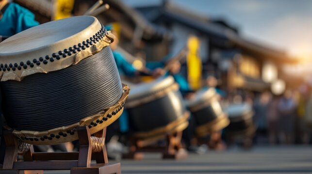 Large Drums Set Up for Outdoor Performance at Golden Hour