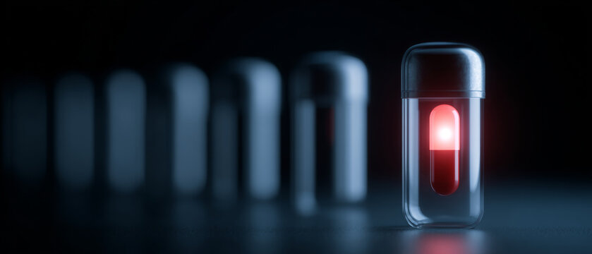 Glowing red capsule in futuristic container