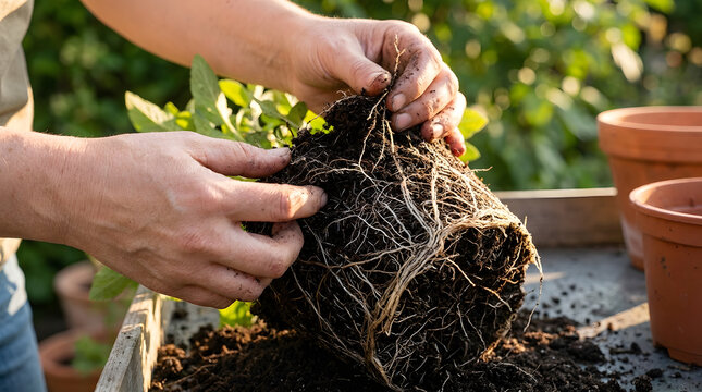 Gardener loosening roots before repotting | Close up of hands preparing plant for new pot | Transplanting a root bound plant outdoors | Sustainable backyard gardening practices