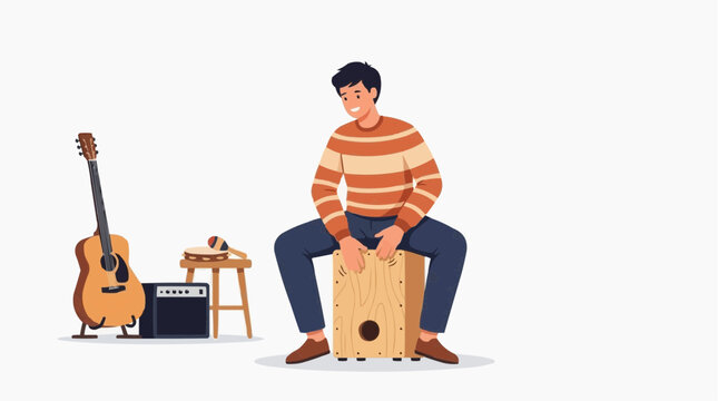 Man playing cajon drum with guitar and percussion instruments nearby vector style