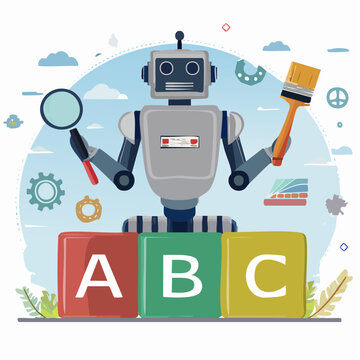 Robot with Magnifying Glass and Paintbrush Holding ABC Blocks