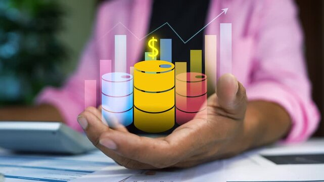 Holographic business graph bar with oil drum container hand holding a businessman, Hand holding database and analytics chart concept