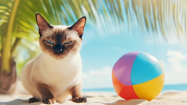 A cat is playing with a colorful beach ball on the sand with palm tree in background. Tropical summer vacation concept and pet theme image.