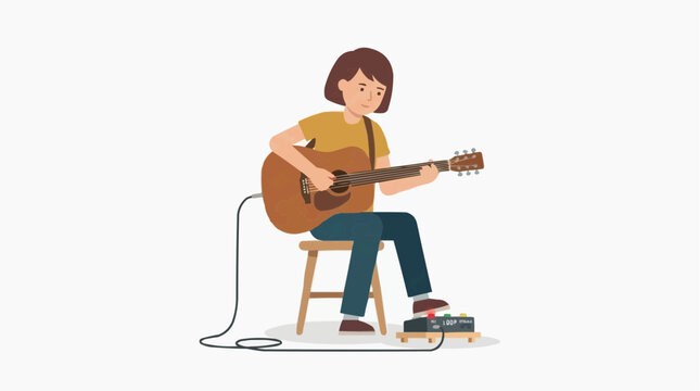 Person playing acoustic guitar with loop pedal and amplifier connection vector style