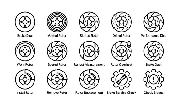 Brake disc and rotor icons arranged in grid on white background