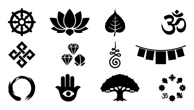 Buddhist Dharma and Sacred Symbol Silhouette Icons Set