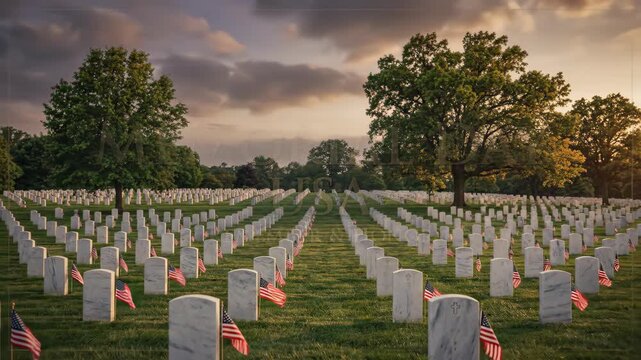 American military cemetery with headstones for Memorial Day. Soldiers graves decorated with flags at sunset. National holiday remembrance event in the United States.
