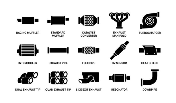 Automotive exhaust and turbocharger icons arranged on white background