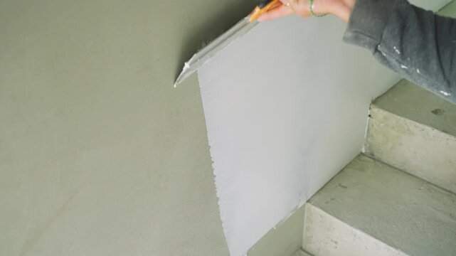 Process of leveling and filling concrete wall with white finishing putty. Worker applies putty to concrete wall using trowel, using upward strokes. Heavy physical labor at construction site.