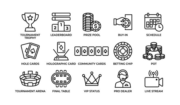 Poker tournament symbols including cards chips trophy on white