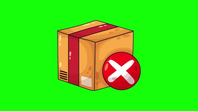 Animated icons depicting a cancelled order with a package and red cross symbol on a vibrant green screen.