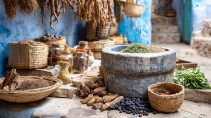 Fototapeta premium Traditional Spice Grinding in a Rustic Area with Stone Mortar