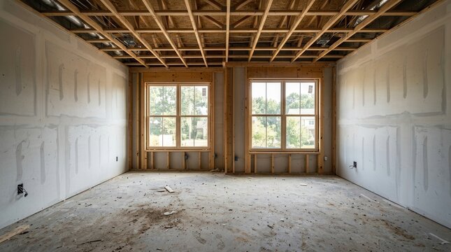 Empty room with exposed wooden ceiling and large windows in a new construction home