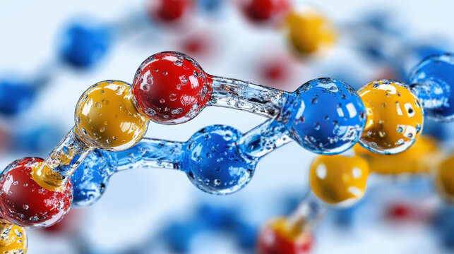 Close-up 3D render of a colorful DNA double helix molecular model with glowing atoms on a blue bokeh background.