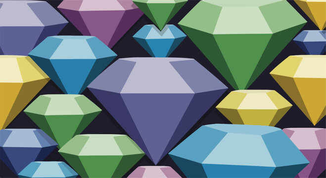 Colorful geometric shapes resembling jewels on a dark background