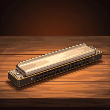 Cartoon Illustration of a Harmonica on a Wooden Table