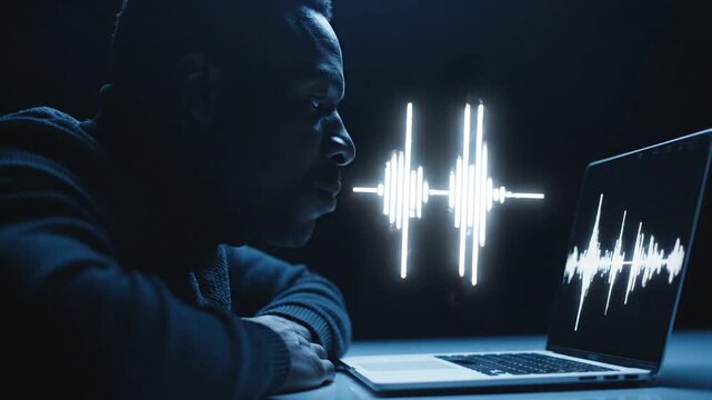 A man intensely watches glowing audio waveforms on a laptop in a dark room, capturing a moment of deep focus and modern digital analysis.