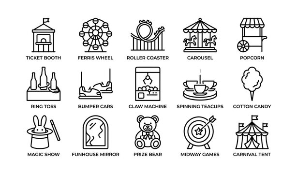Carnival and fair icons arranged in grid on white background