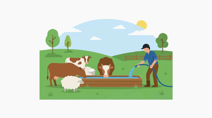 Naklejka premium Farmer filling water trough for cows and sheep on a sunny day at the farm vector style