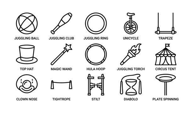 Circus props and performance equipment arranged in grid layout