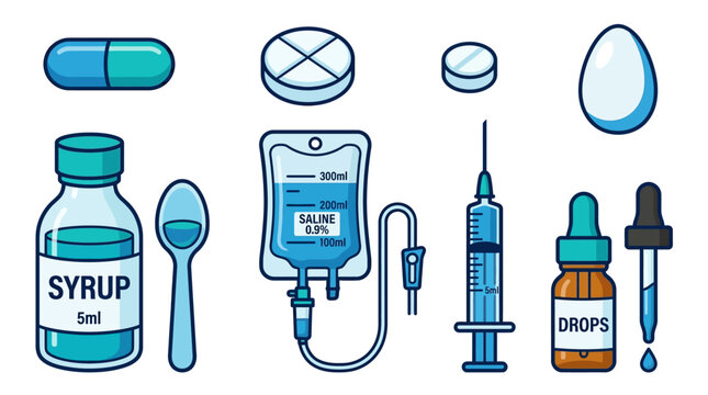Common Drug Delivery Formats and Methods Set - Medical Icons for Capsule, Tablet, Syrup, Infusion, Injection, and Drops