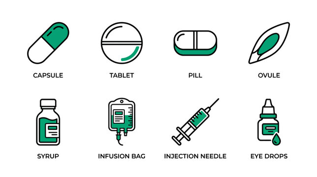 Common Drug Delivery Formats and Methods Set - Medical Icons for Capsule, Tablet, Syrup, Infusion, Injection, and Drops