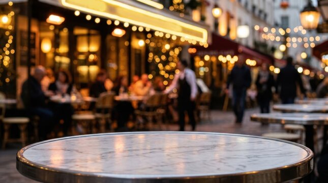 Evening ambiance at parisian cafe with lights and empty marble table