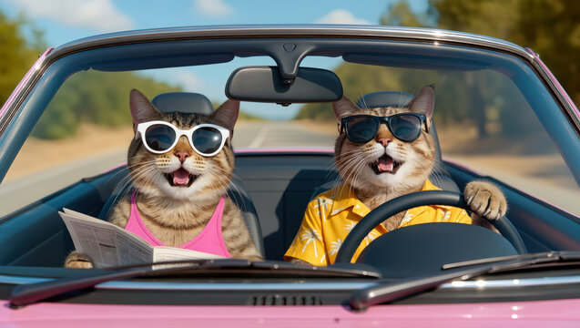 Funny cats in sunglasses driving convertible car on sunny road trip with cheerful vacation mood and humorous travel concept