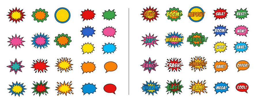 Comic Speech Bubble Explosion Pack Pop Art Boom Bang Sale Burst Cartoon Caption Sticker Vector Collection