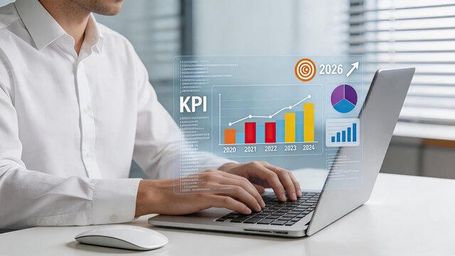 Professional analyzing key performance indicators KPI on laptop screen, showing business analytics dashboard with rising bar graph, pie chart, and future projection arrow pointing