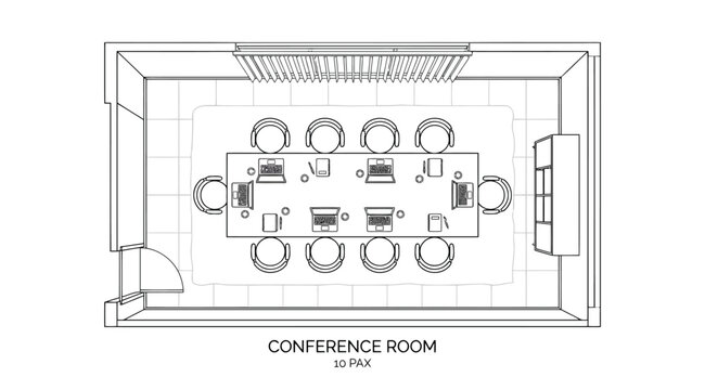 Top view architectural floor plan of a 10 person conference room with table and chairs