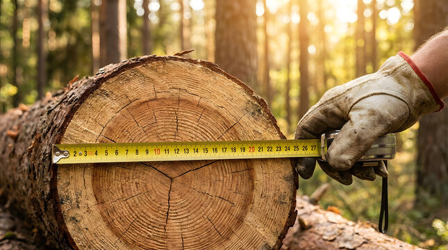 Measuring tree diameter with tape measure | Forestry worker checking timber log size | Close up of cut tree trunk rings in woods | Sustainable logging and forest management practices