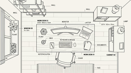 Obraz premium Top view of a home office desk setup with labels detailed line art illustration featuring a curved monitor, laptop, keyboard, mouse, chair, and office supplies