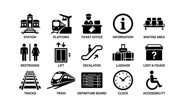 Railway station icons depicting services, facilities, and signs