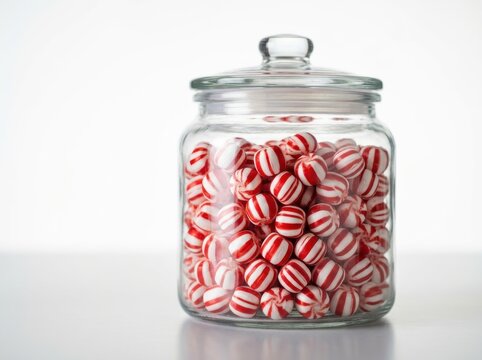 Glass jar filled with red and white striped peppermint candies