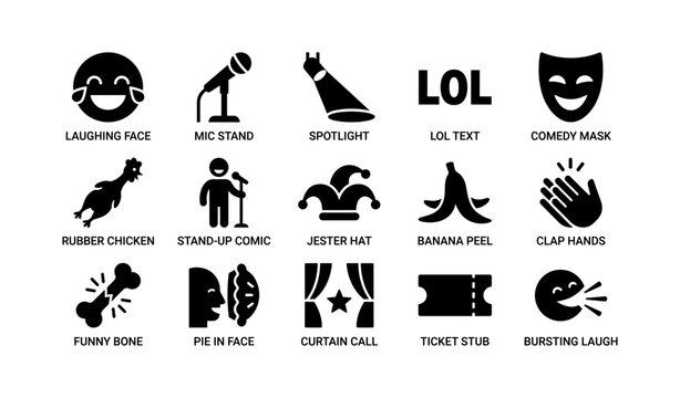 Standup comedy symbols and props arranged in icon grid layout