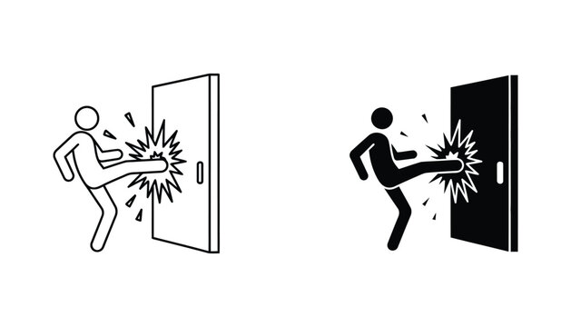 Person kicking door open icon set in outline and solid black style for security concepts and emergency access illustrations
