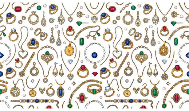Luxury jewelry seamless pattern vector with diamond rings earrings necklaces and gemstones
