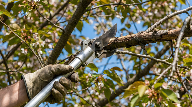 pruning fruit trees in spring with loppers | gardener cutting dead branches with bypass pruner | hand in leather glove using garden lopping shears | professional tree trimming and maintenance service