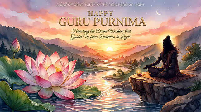 Guru Purnima Greeting with Meditating Sage and Pink Lotus Flower