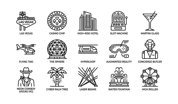 Las vegas icons depicting casino attractions and city elements on white