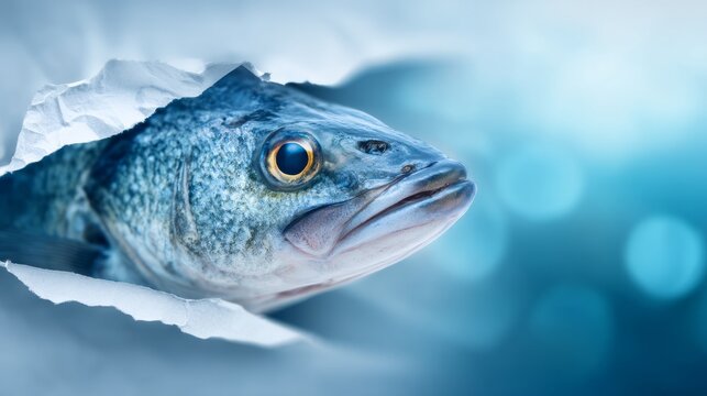 Fish Head Protruding Through Torn Paper Slit with Scales Visible