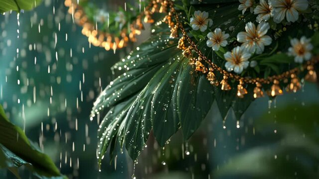 Rain falling on decorated green leaves, white flowers, and golden garland creating a spiritual ambiance.