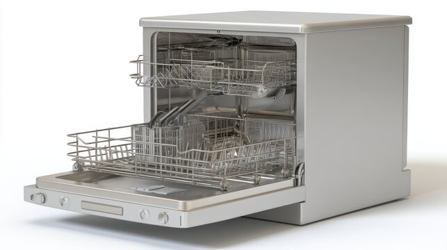 This sleek dishwasher stands proudly in a contemporary kitchen, its steel finish reflecting warm light. It awaits a full load of dirty dishes, promising cleanliness and convenience
