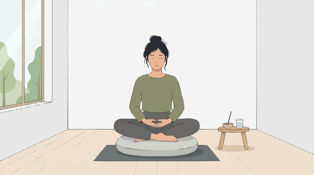 Woman meditating in lotus pose on cushion in a room with a window overlooking trees vector style